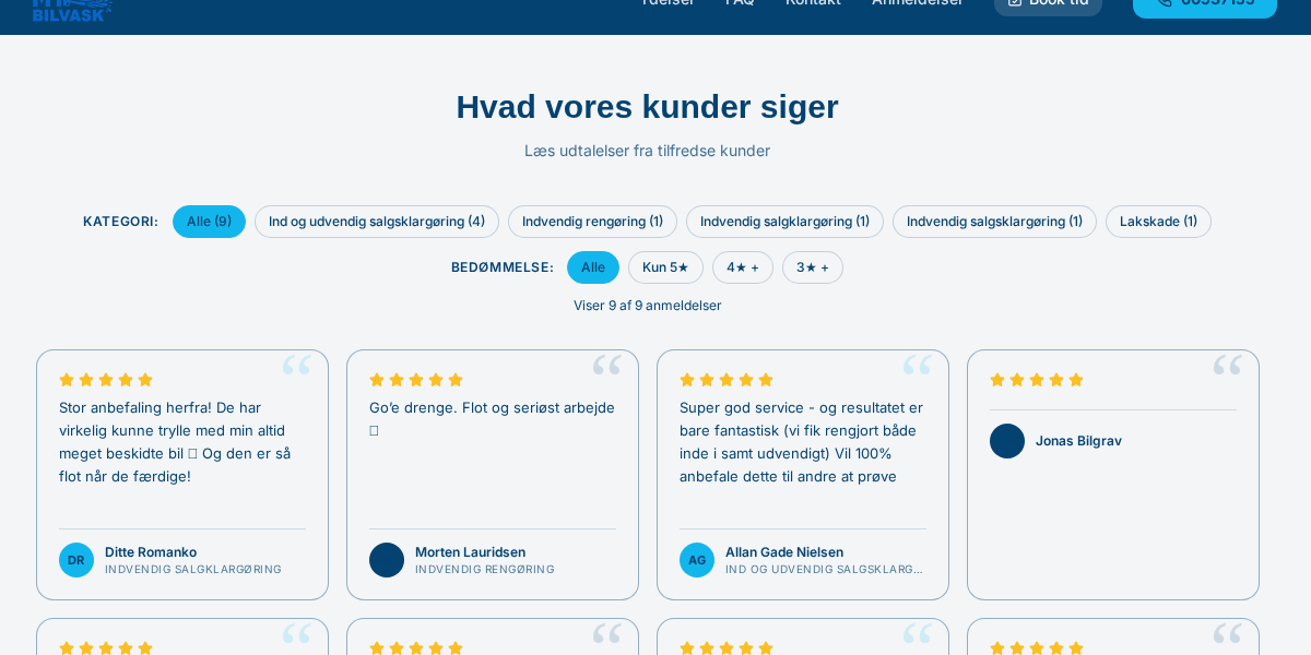 MT Bilvasks offentlige anmeldelsesside med kundeudtalelser